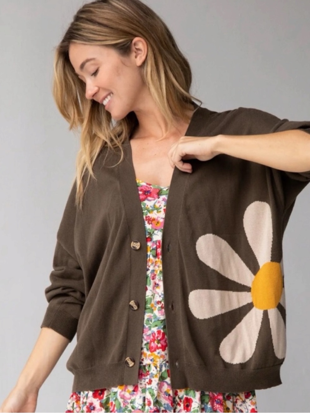 Natural Life Live Happy Olive Green Daisy Cardigan Sweater Oversized Small XS - Picture 3 of 12
